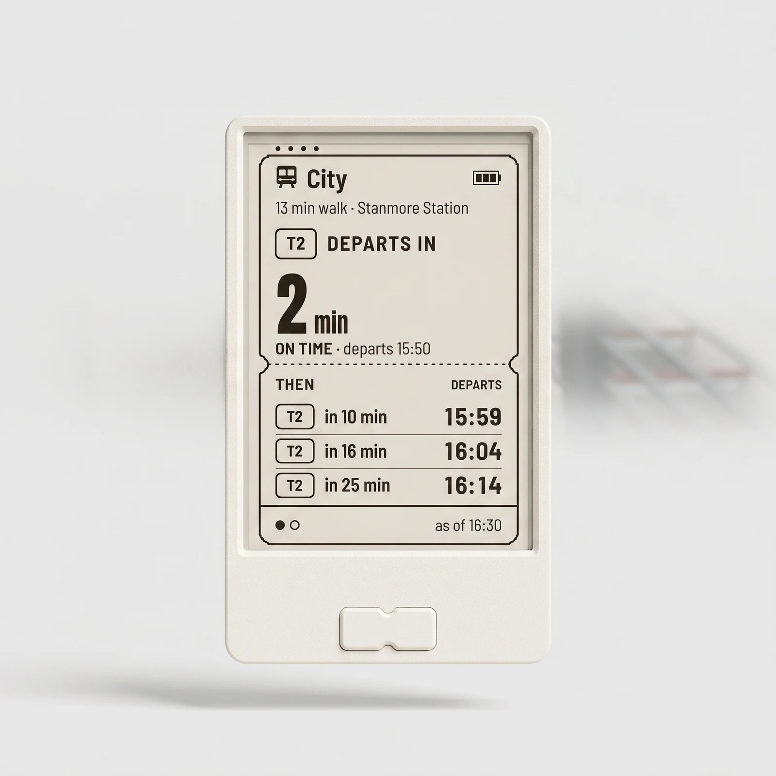 Front view of the Get on board e-ink display showing upcoming train departures
