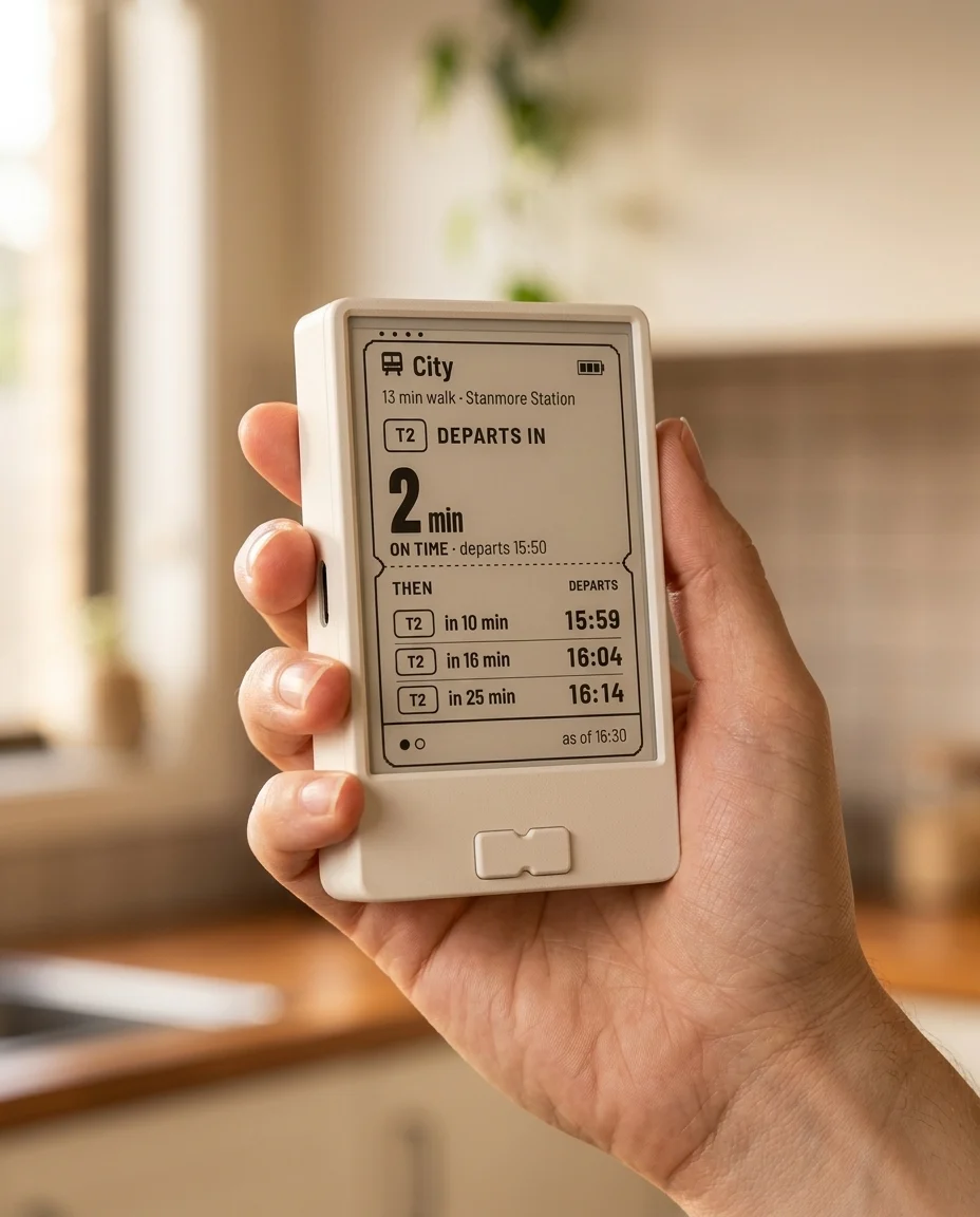 Palm-sized Get on board display held in one hand